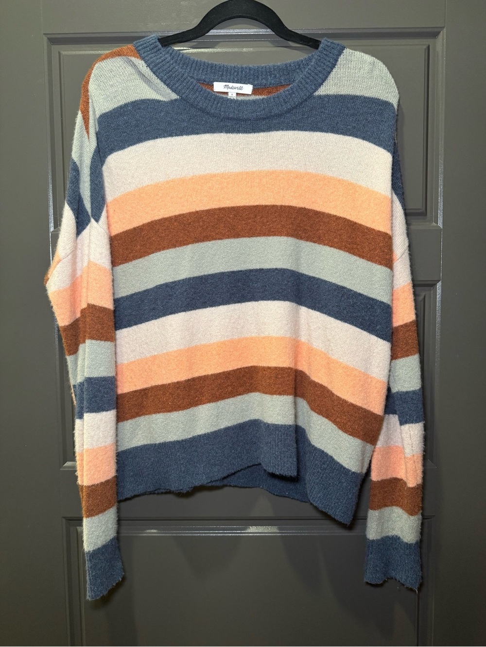 Madewell Striped Crewneck Sweater in Blue, Peach, Brown & Cream